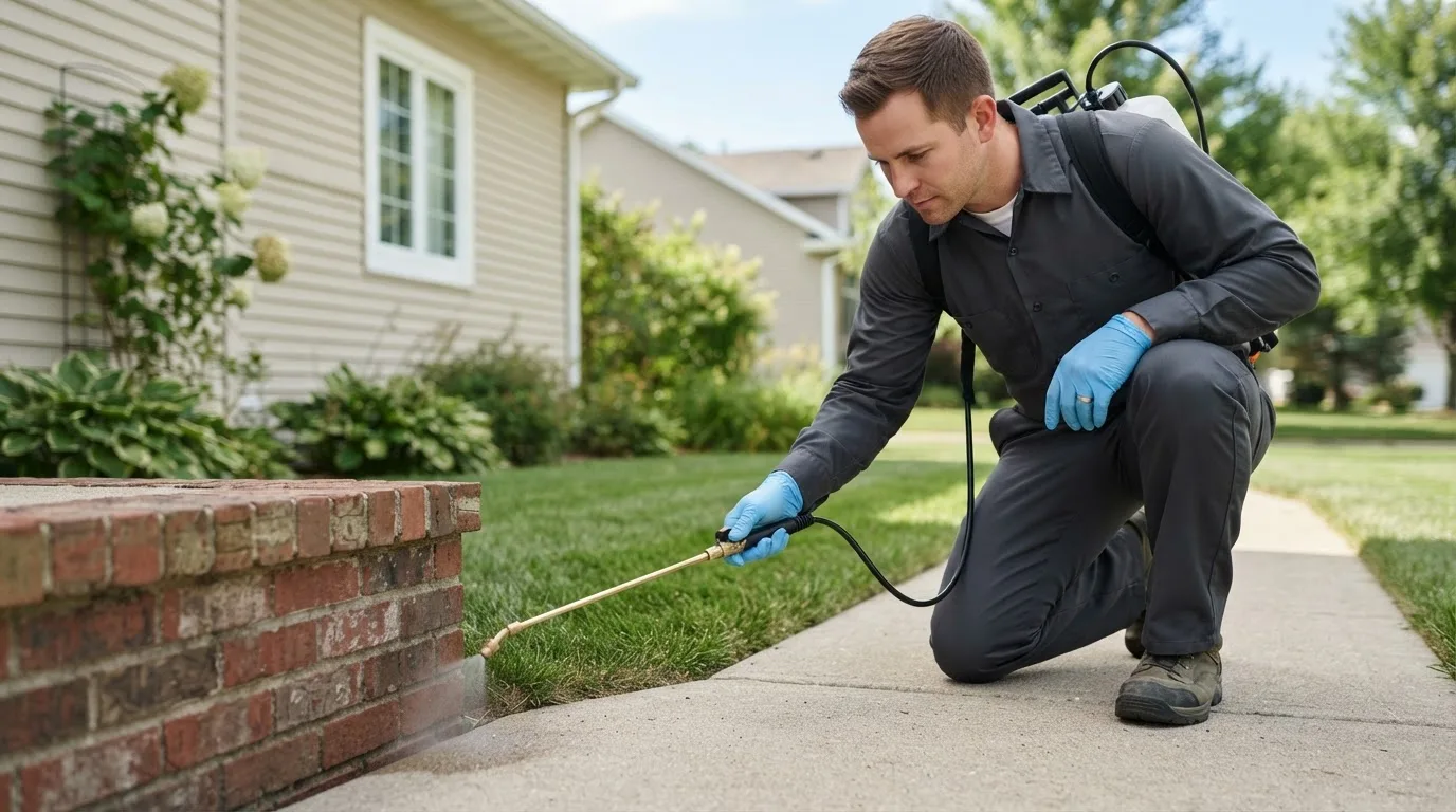 Pest control technician treating a home near Chowchilla, CA